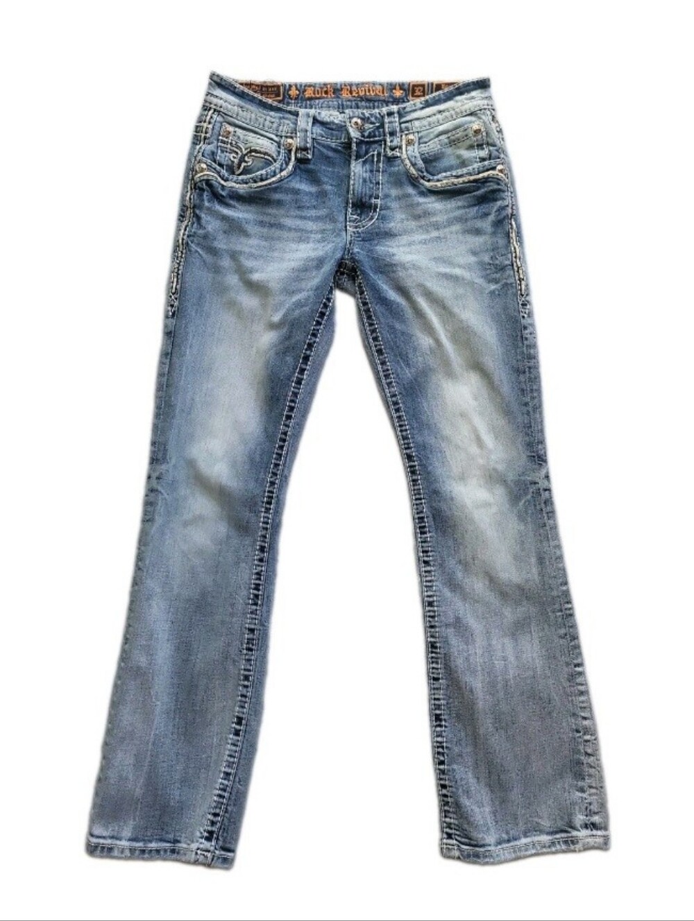 Rock Revival Jeans Mens 32 Blue Denim Boyce Slim Boot Whiskering Embroidered